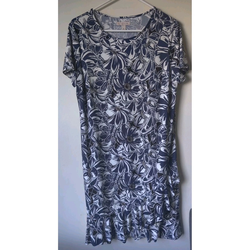 Dress Barn Black/White/Blue Floral Midi Length Sheath Dress Size Medium Ruffle